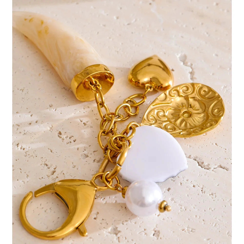 Fashion Resin Flower Heart Horn Chain Pendant Key Chain for Women Stainless Steel Lanyard Key Ring Bag Accessories by PoisedMe