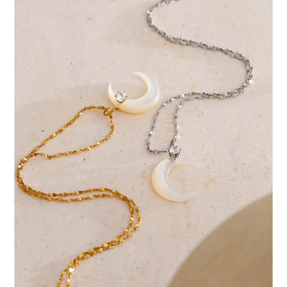 Waterproof Shell Zircon Moon Chic Necklace Pendant Stylish Unique PVD Plated Charm Delicate Korean Jewelry Wholesale by PoisedMe