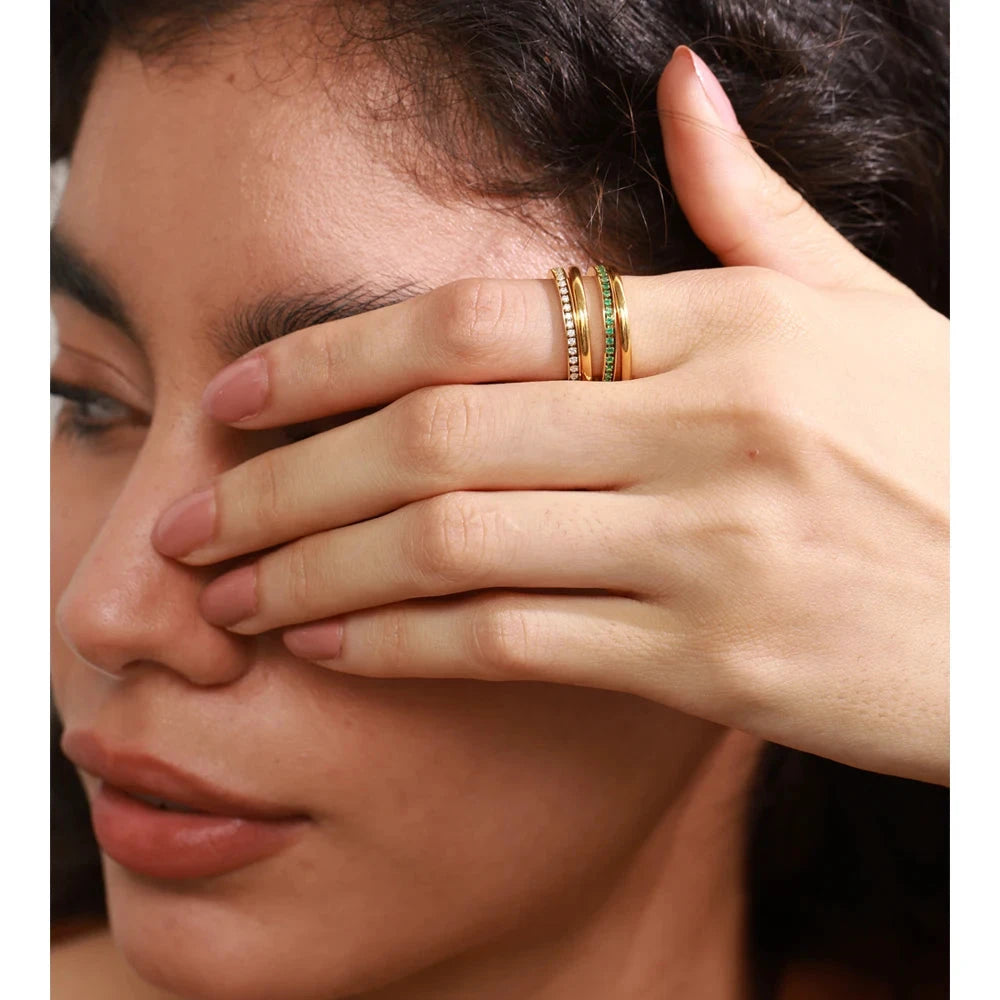 White & Green Zirconia 4-Layer Stacked Ring – 18K Gold PVD Plated Stainless Steel Modern Statement Jewelry by PoisedMe