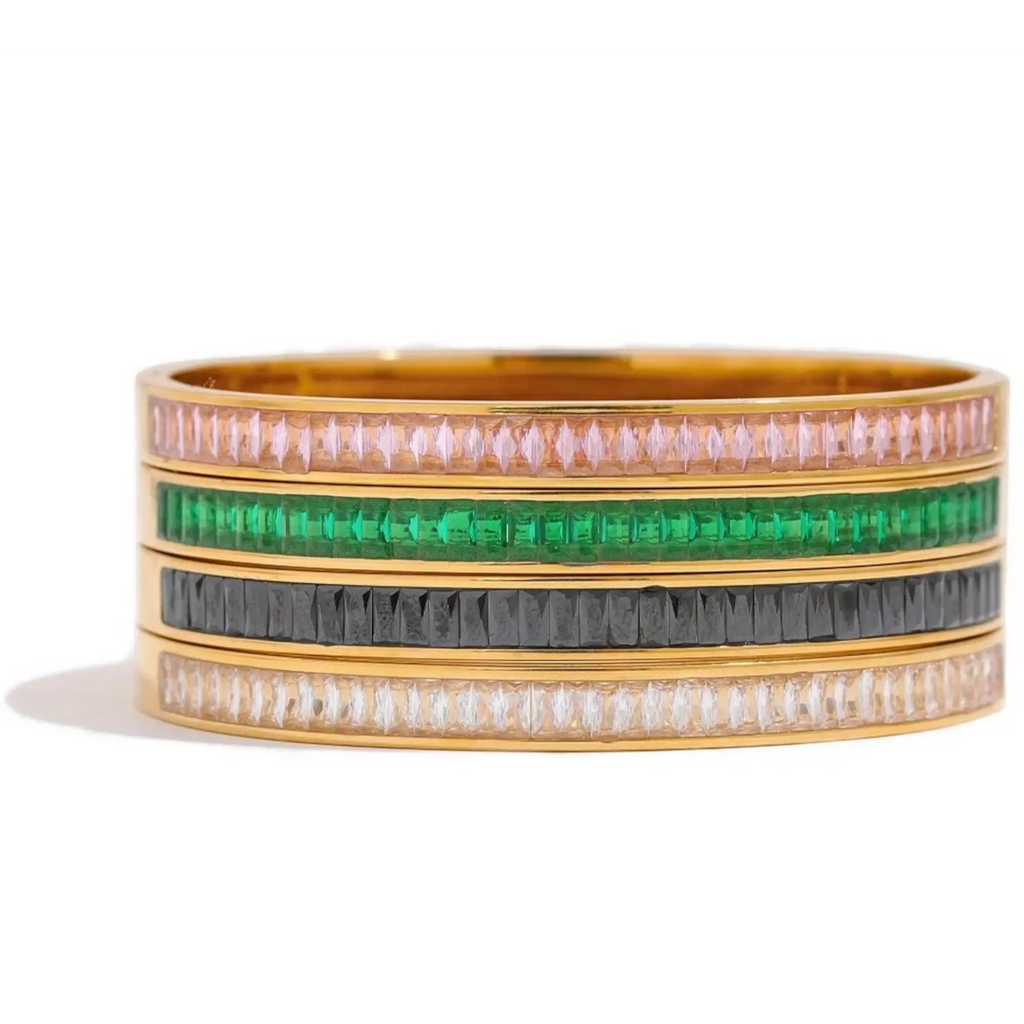 PoisedMe Emerald Green Cubic Zirconia Bangle Bracelet For Women 18K Gold Plated Steel - Bracelets