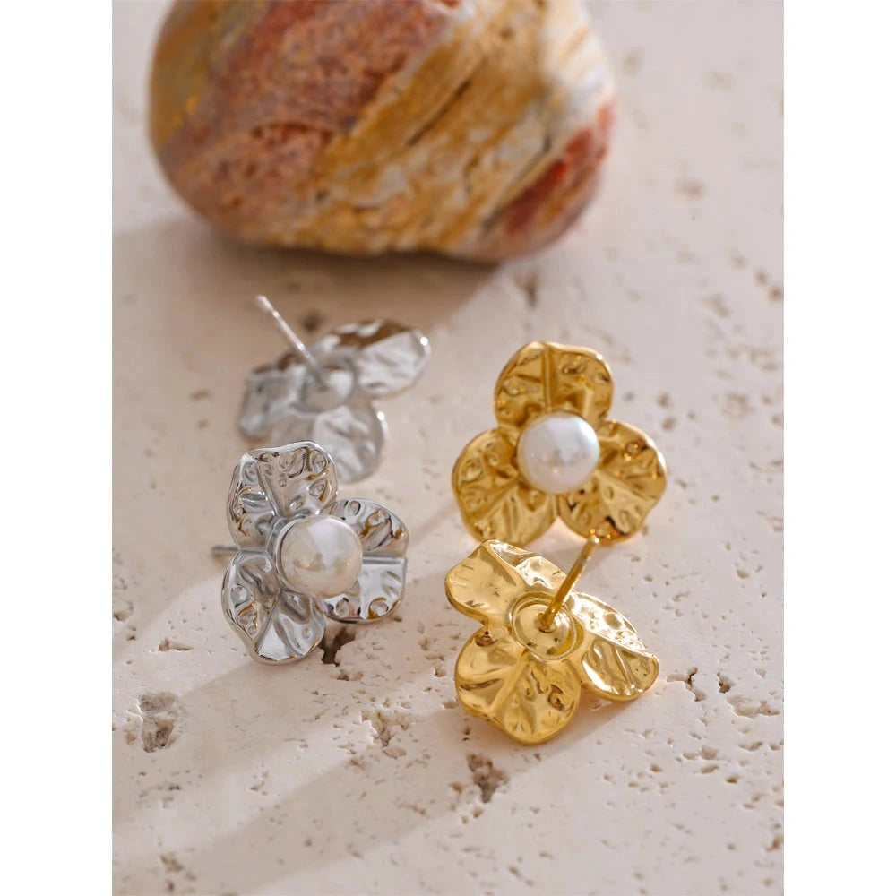 Pearl Metal Flower Small Stud Earrings for All Occasions Waterproof Stainless Steel Elegant Daily Jewelry Wholesale by PoisedMe