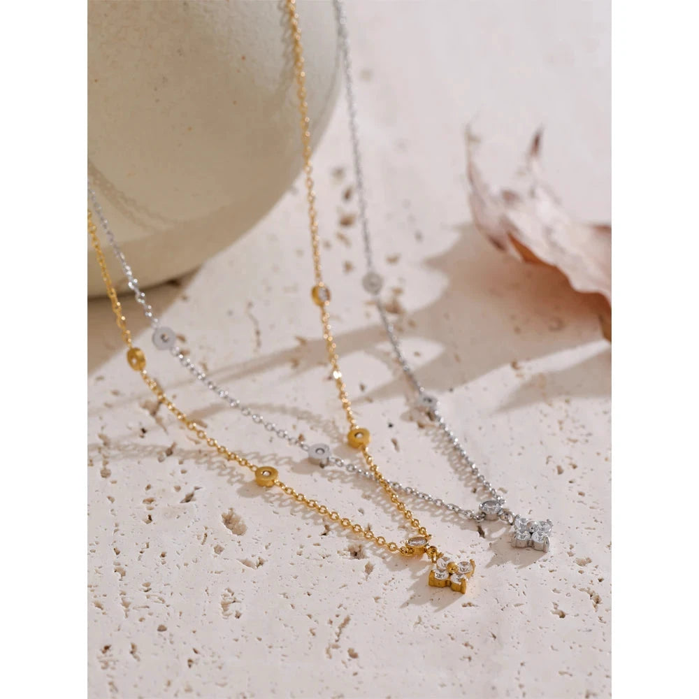 Cubic Zirconia Flower Pendant Necklace – 18K Gold or Silver-Plated Stainless Steel Delicate Chain Jewelry for Women by PoisedMe