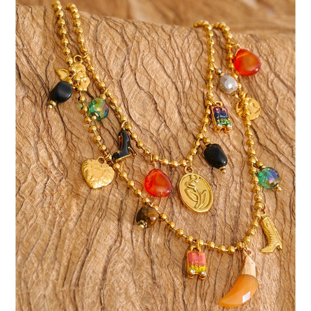 PoisedMe Resin Acrylic Stone Heart Flower High Heels Drop Charms Necklace Stylish Unique Stainless Steel Double-Layer Chain Jewelry -