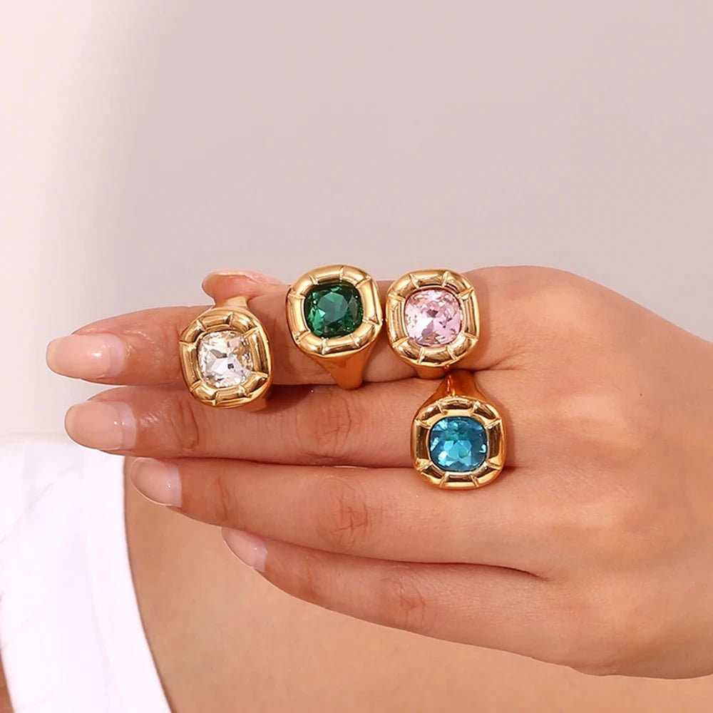 Rounded Square 18K Gold Plated Stainless Steel Zircon Necklace Earring Ring Women's Fashionable Waterproof Jewelry by PoisedMe