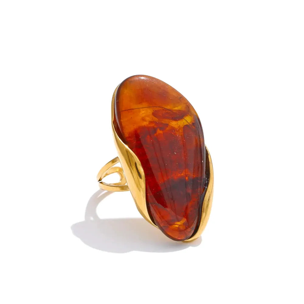 PoisedMe Brown Green Beige Resin Geometric Adjustable Ring Golden PVD Stainless Steel Rust Proof Finger Jewelry Gift -