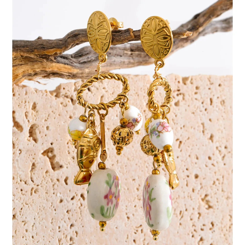France Stainless Steel Ceramic Flower Fish Drop Charm Earrings Trendy Design New Arrivals 2026 Popular Charm Jewelry Gift by PoisedMe