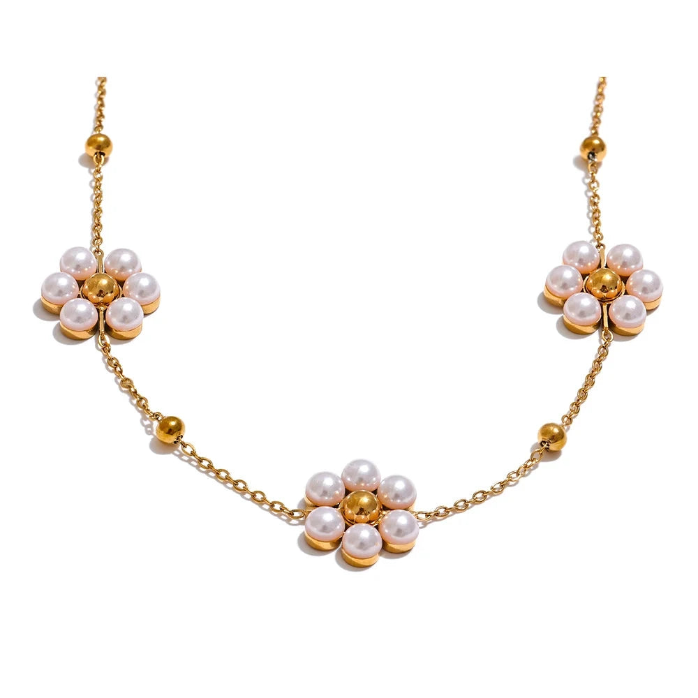 Fashion Imitation Pearls Handmade Flower Beads Chain Necklace Women 18K Gold Color PVD Stainless Steel Jewelry Waterproof by PoisedMe