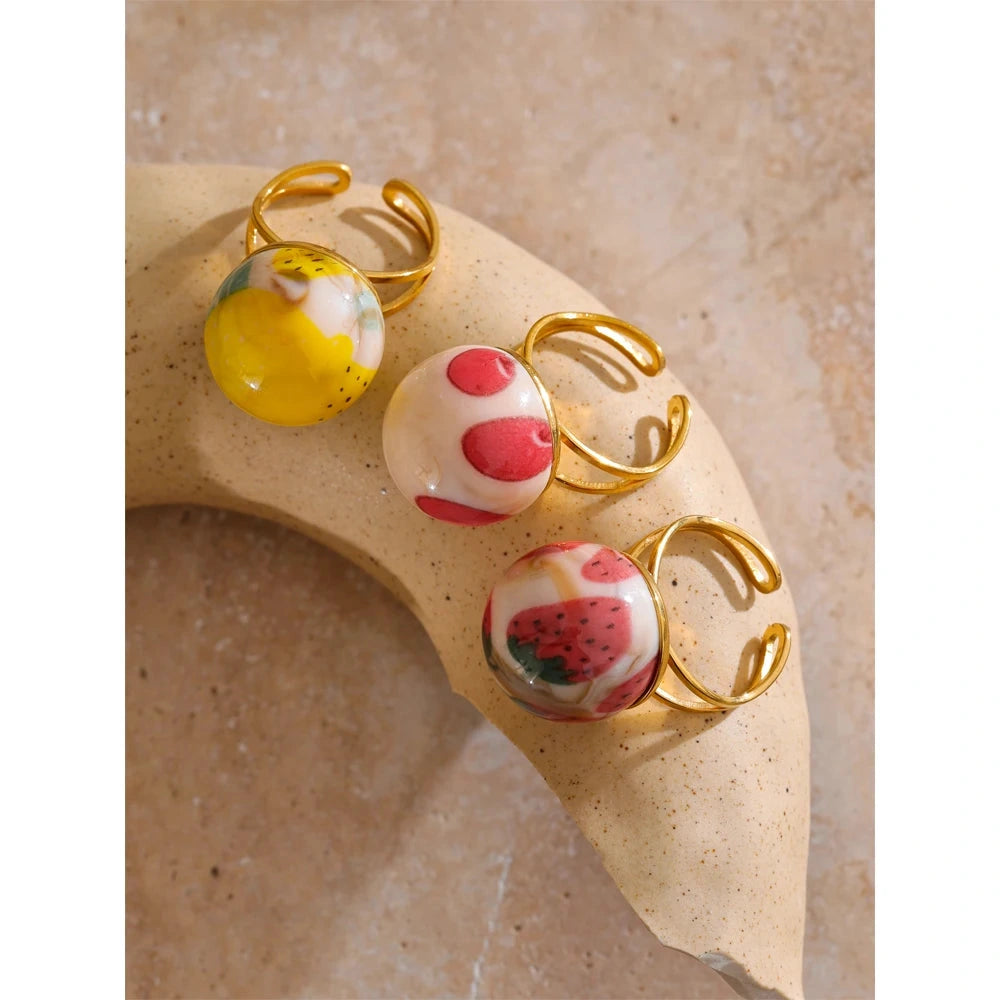 Candy Enamel Round Strawberry Pineapple Cherry Open Ring Adjustable Stainless Steel Exquisite Fashion Jewelry by PoisedMe