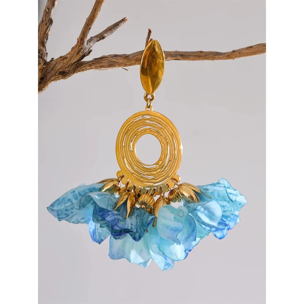 PoisedMe Spring Summer Fashion Bohemian Blue Cloth Flower Drop Earrings Exclusive Stainless Steel Handmade Fairy Jewelry -