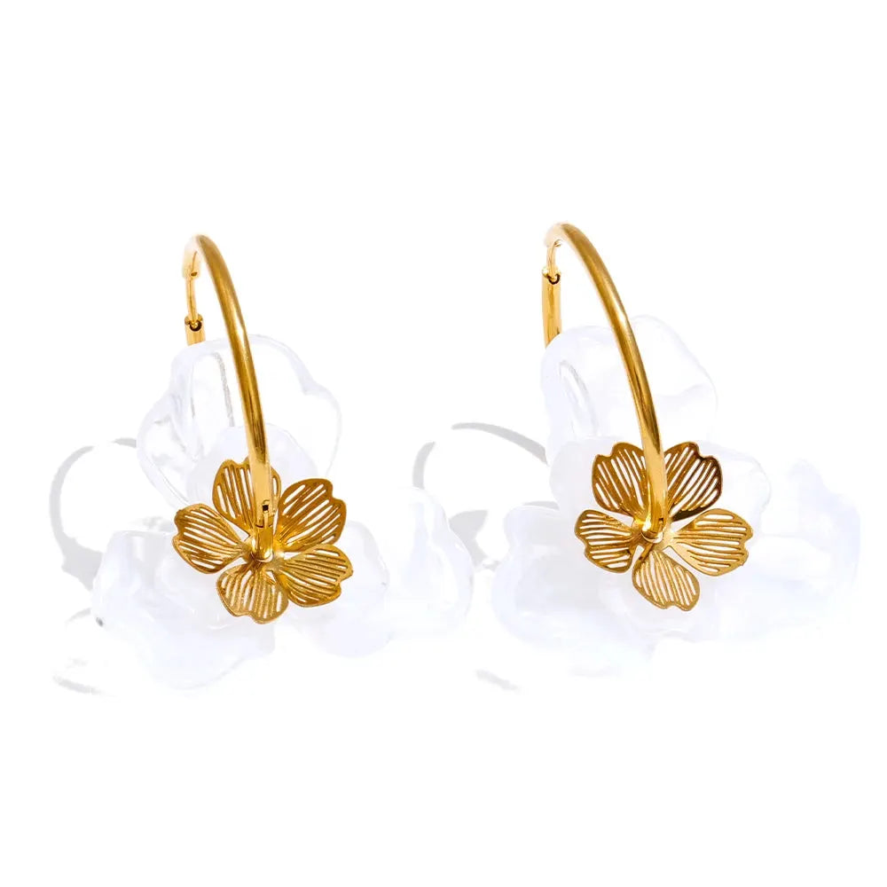 PoisedMe Exclusive Design Resin Flower Hoop Earrings for Women Stainless Steel Charming Jewelry Green Pink Purple White Brown Color -