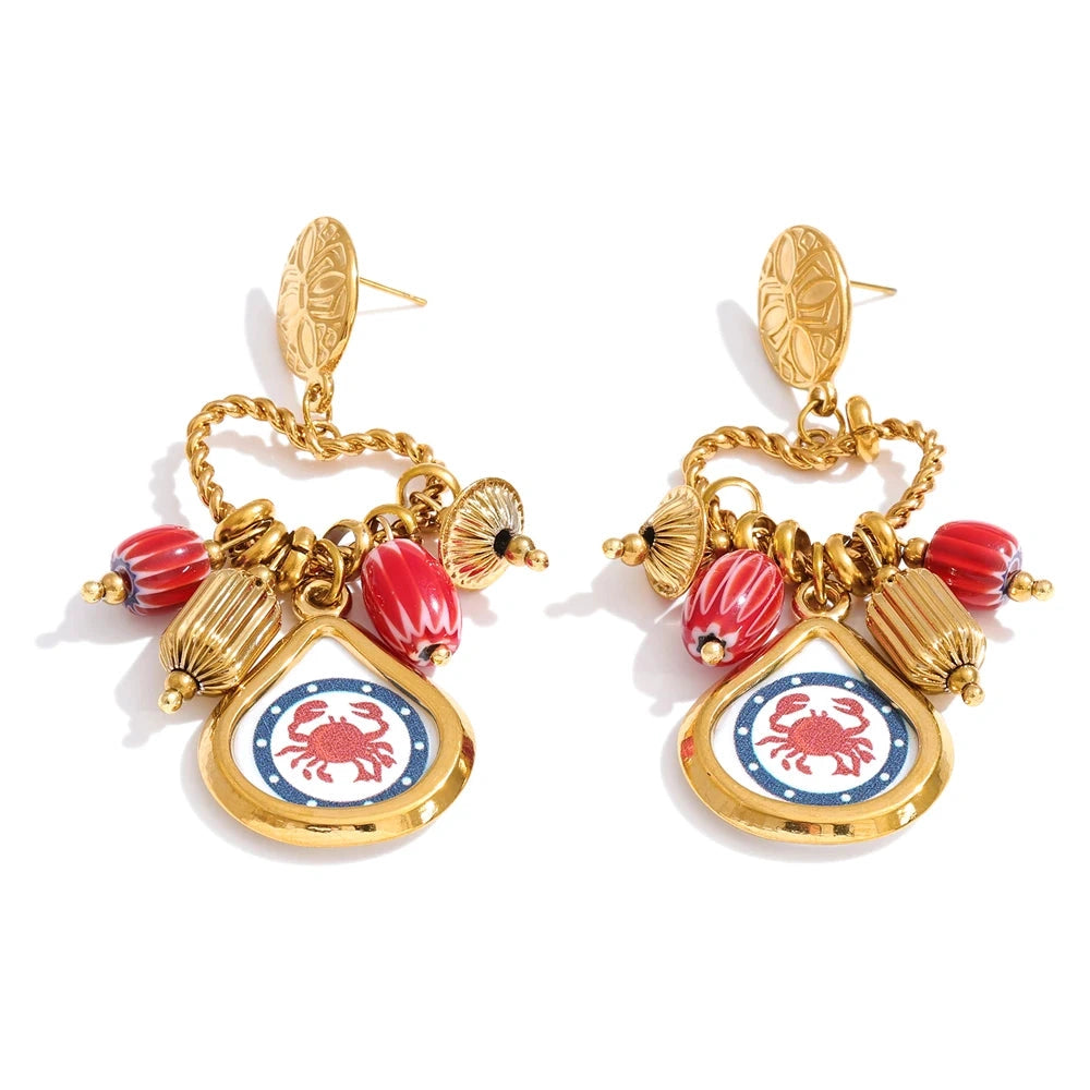 Stainless Steel Heart Enamel Crab Drop Earrings 18K Golden PVD Plated 2026 Exclusive Design Ceramics Charm Ear Jewelry by PoisedMe