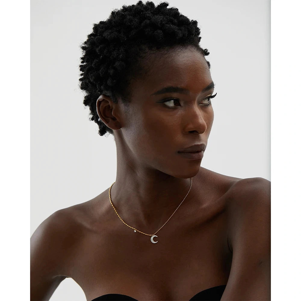 Stainless Steel White Shell Moon Pendant Chic Necklace Unique Gold Color Beads Chain Zircon Collar Charm Delicate Jewelry by PoisedMe