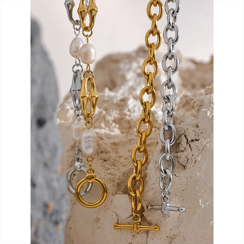 Freshwater Pearl & 18K Gold / Silver Chain Bracelet – Modern Sculptural Toggle Jewelry for Women by PoisedMe