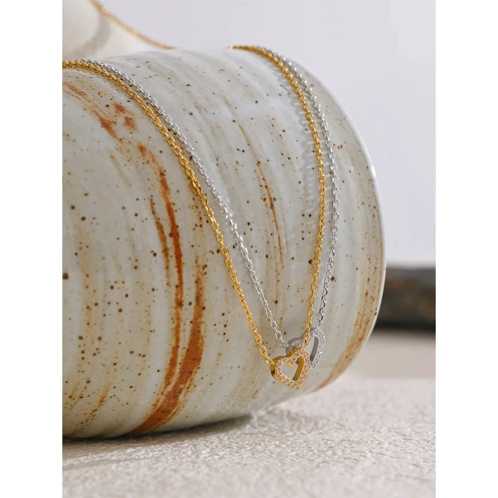 Korean Style Cubic Zirconia Hollow Heart Necklace Pendant Valentines Gift by PoisedMe