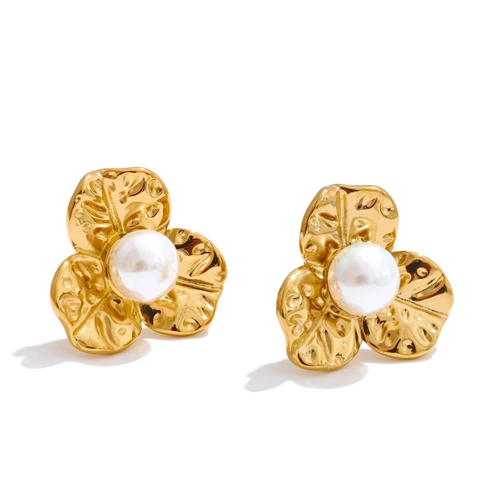 Pearl Metal Flower Small Stud Earrings for All Occasions Waterproof Stainless Steel Elegant Daily Jewelry Wholesale by PoisedMe