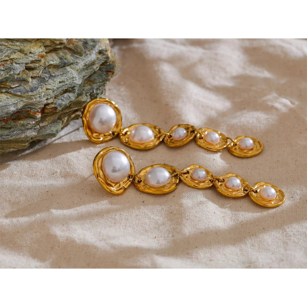 Stainless Steel Simulated Pearl Earrings Golden Long Drop Hypoallergenic by PoisedMe