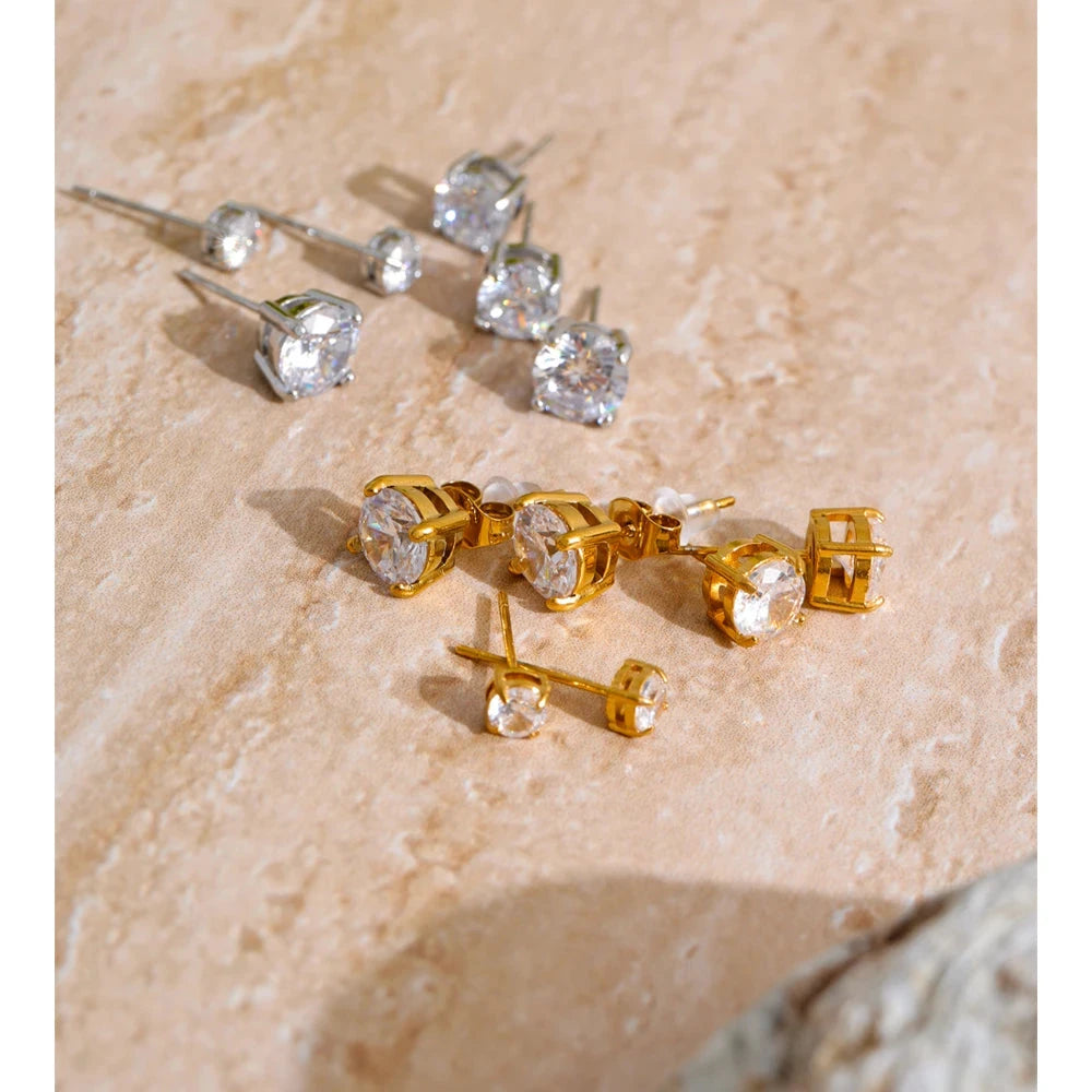 1 Set Cubic Zirconia Stud Earring Set – Premium Stainless Steel Round Cut Earrings in Gold &amp; Silver by PoisedMe