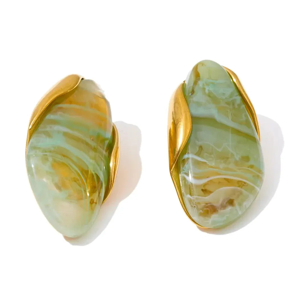 PoisedMe Brown Green Beige Resin Geometric Adjustable Ring Golden PVD Stainless Steel Rust Proof Finger Jewelry Gift -
