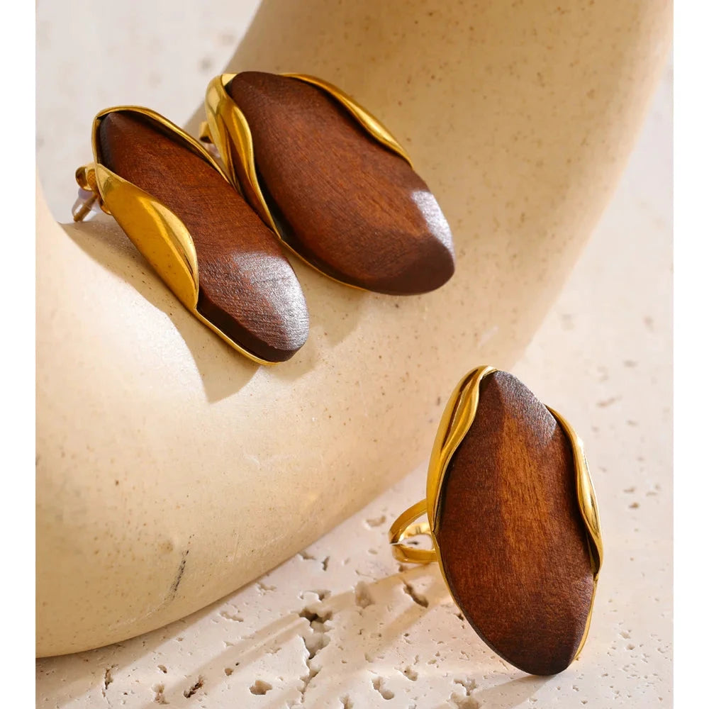 Hot Style Stainless Steel Wood Trendy Geometric Stud Earrings Ring Set 18K Golden Plated Popular Fashion 2025 Jewelry Gift by PoisedMe