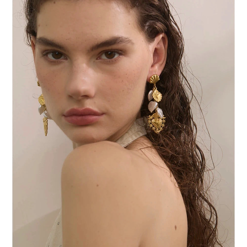 Baroque Imitation Pearls Heart Love Drop Dangle Manual Earrings Golden PVD Plated Stainless Steel Charm Statement Jewelry by PoisedMe