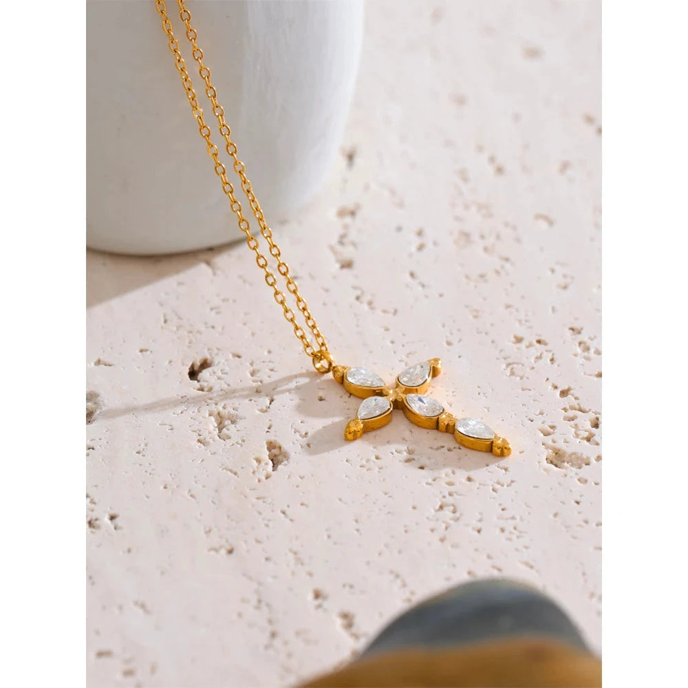 Delicate Shiny Cubic Zirconia Cross Necklace Pendant Stainless Steel Temperament Premium Jewelry High Quality by PoisedMe