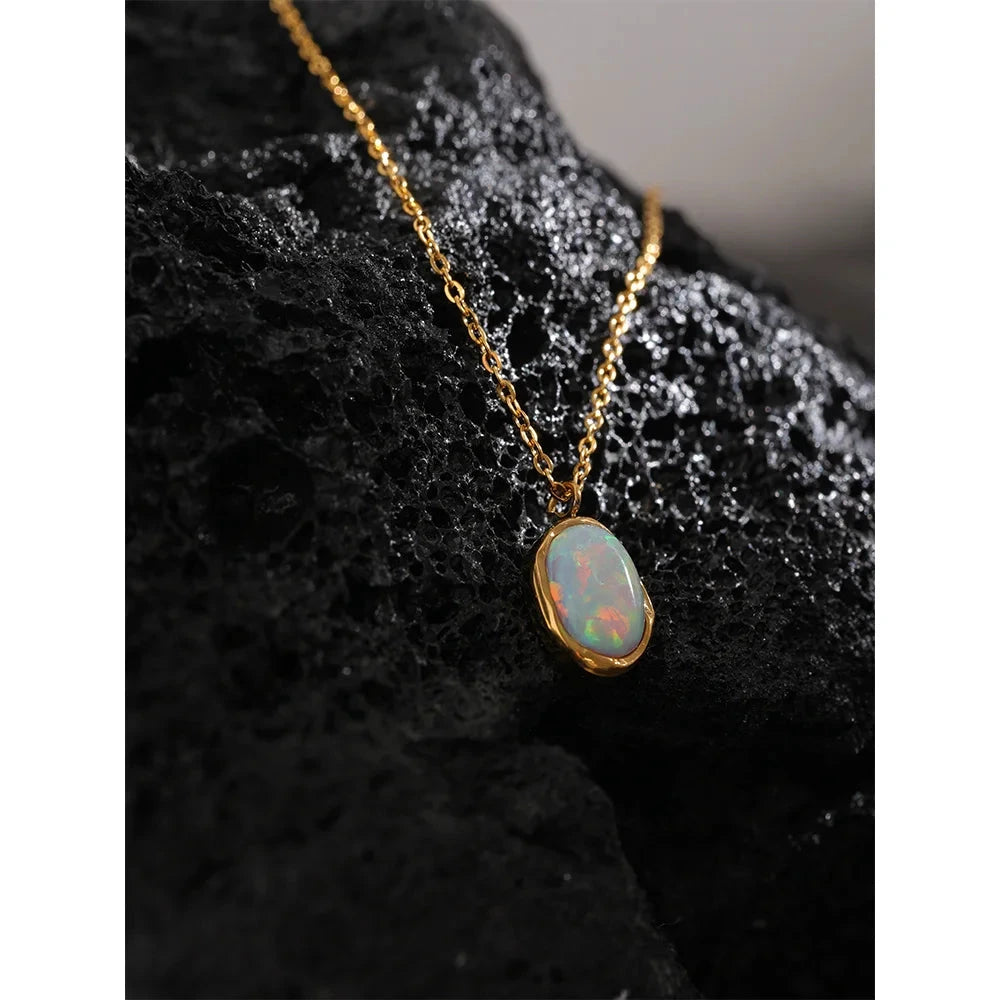Exquisite Stylish Processed Opal Stone Minimalist Small Chic Pendant Necklace 18k Gold Plated Jewelry for Women Gift by PoisedMe