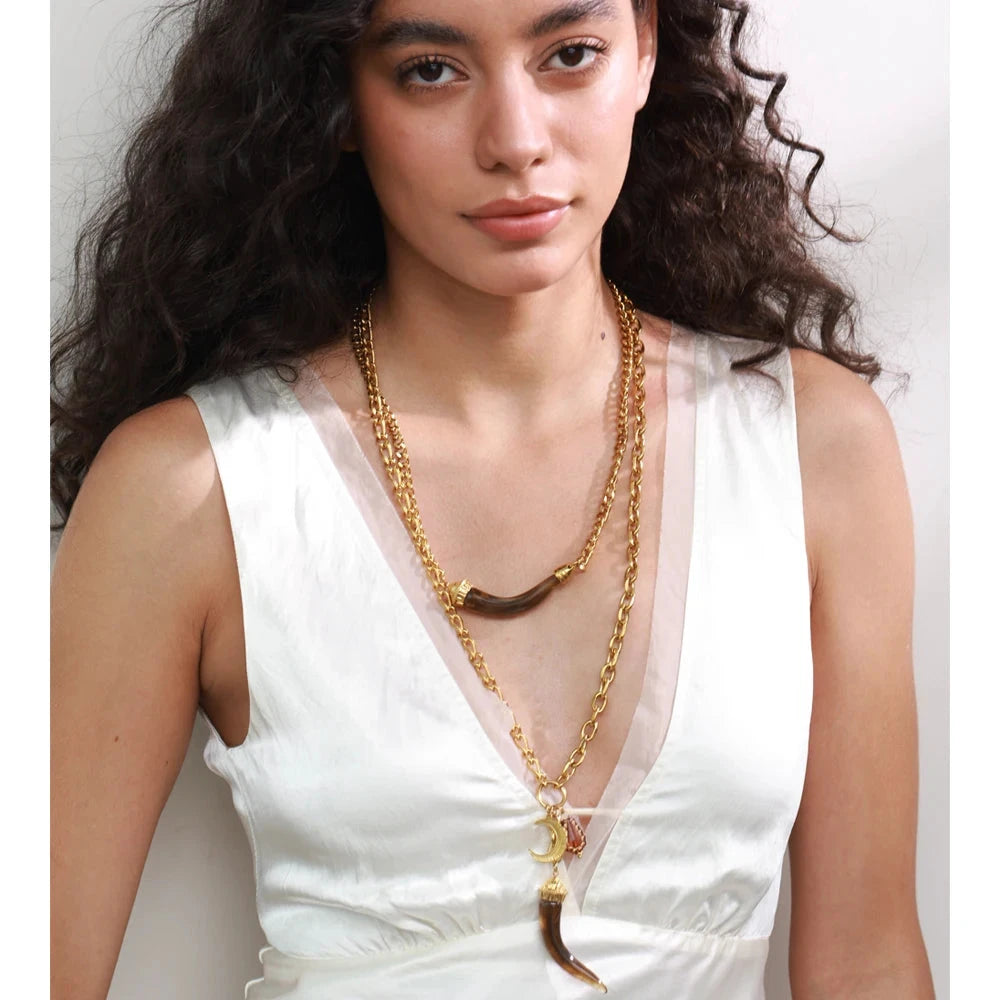 Stainless Steel Double-Layer Resin Horn Pendant Necklace 18K Golden PVD Plated Waterproof Charm Jewelry Gift by PoisedMe