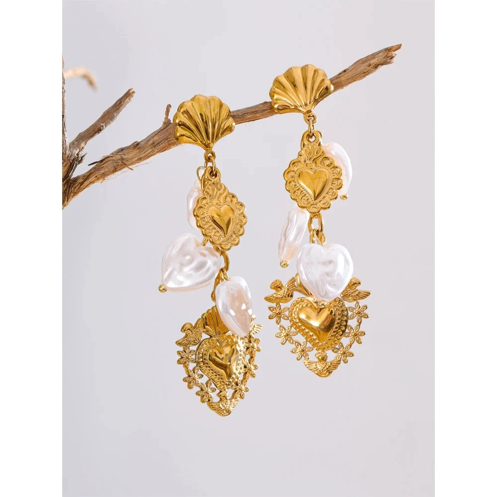 Baroque Imitation Pearls Heart Love Drop Dangle Manual Earrings Golden PVD Plated Stainless Steel Charm Statement Jewelry by PoisedMe