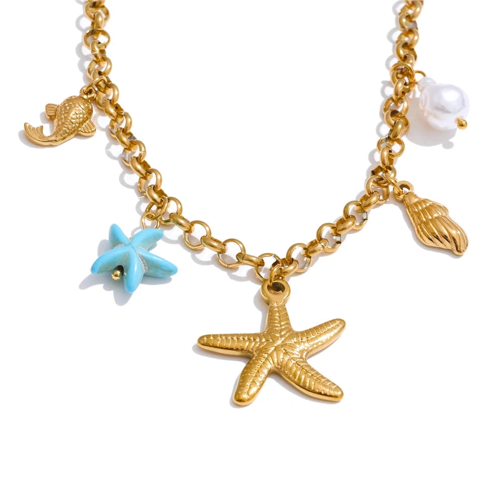 Ocean Style Starfish Shell Pendant Handmade Necklace Bracelet Summer Vacation Stainless Steel Jewelry Waterproof by PoisedMe