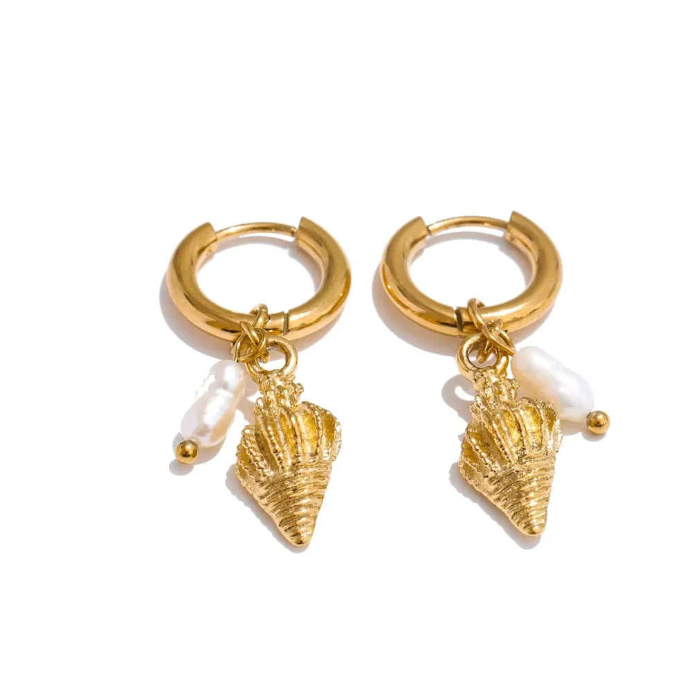PoisedMe Ocean Style Natural Pearl Conch Shell Starfish Drop Summer Hoop Earrings for Women Stainless Steel Holiday Daily Jewelry -