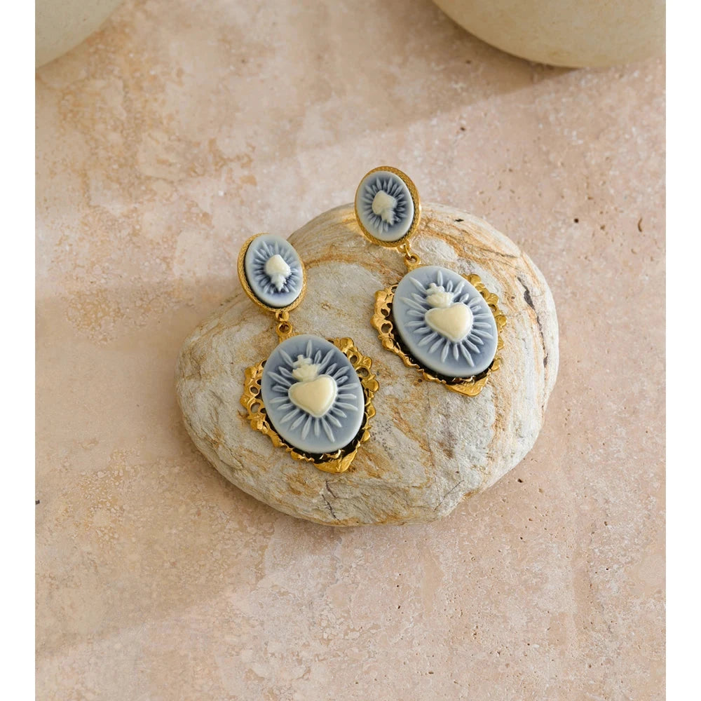 French Style Resin Heart Flower Drop Dangle Palace Earrings for Women Stainless Steel Fashion Vintage Jewelry Waterproof by PoisedMe