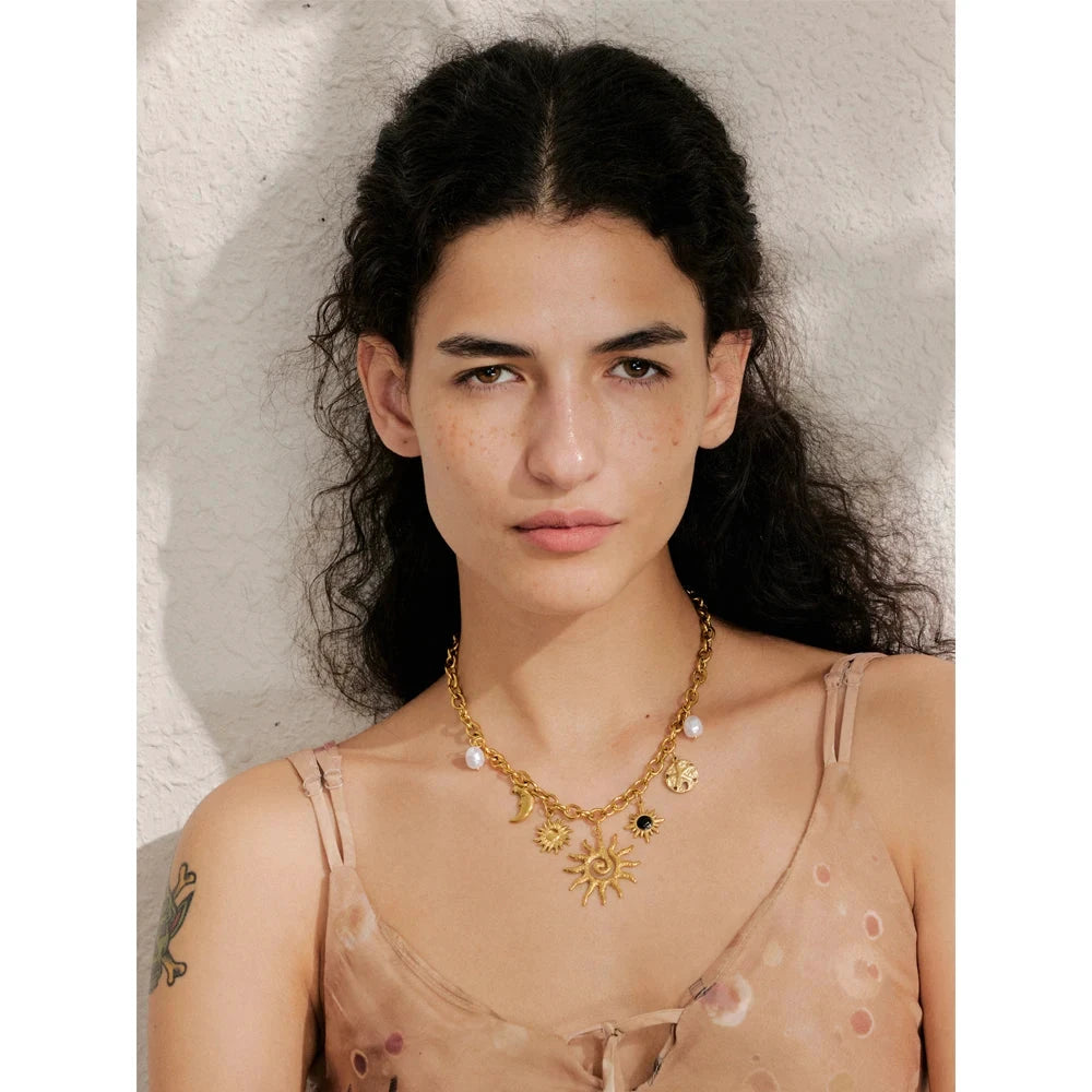 Yhpup Trendy Starfish Moon Sun Shaped Pendant Charm Necklace Statement Stainless Steel Golden Chain Fashion Jewelry PVD Plated by PoisedMe