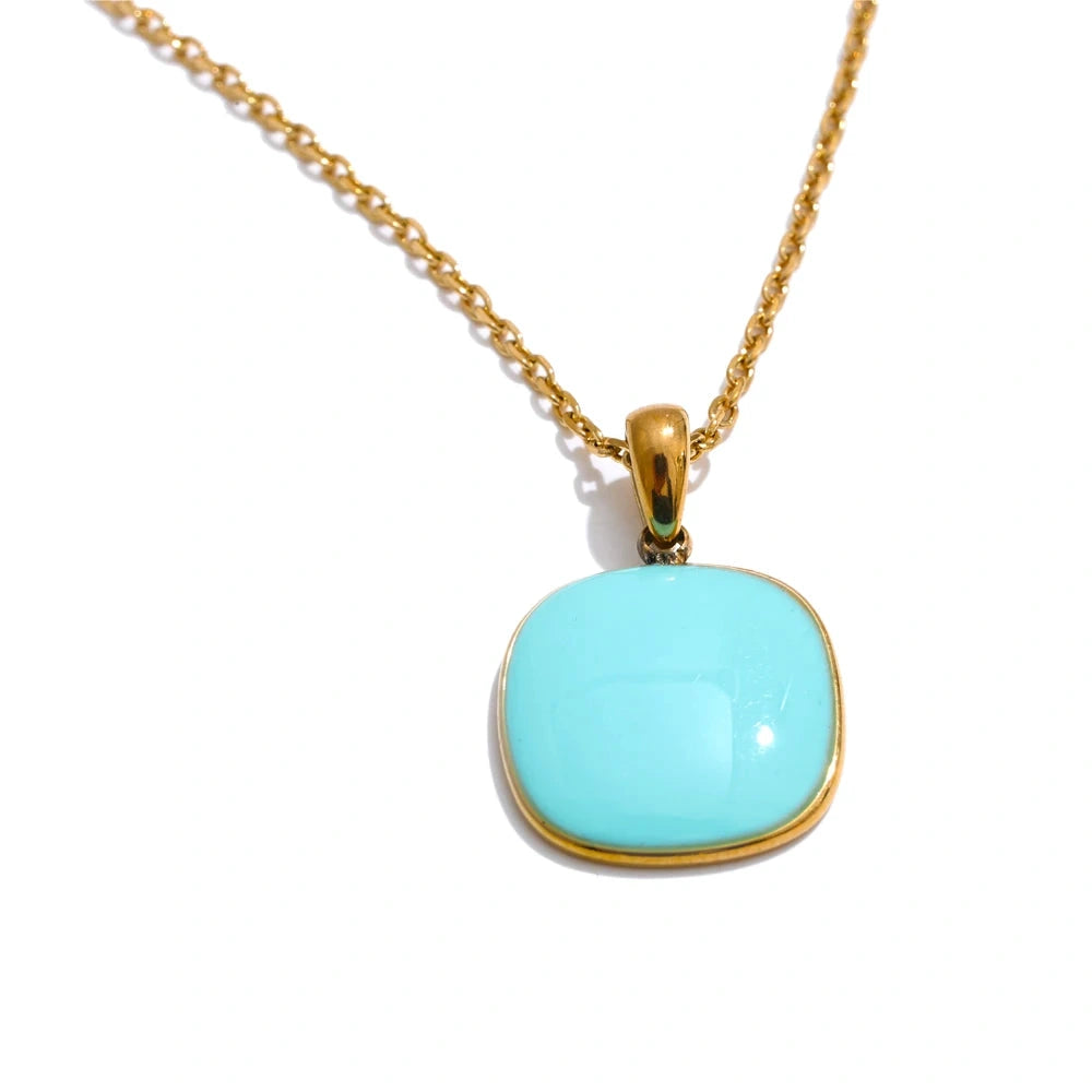 Candy Color Sweet Square Pendant Necklace Stainless Steel Gold Color PVD Plated Basic Fashion Jewelry for Women for Girl by PoisedMe