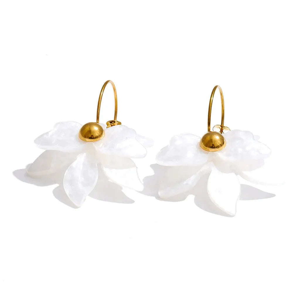 PoisedMe Mutil-color Acrylic Flower Petal Drop Earrings Stainless Steel Golden Young Charming Jewelry Waterproof -