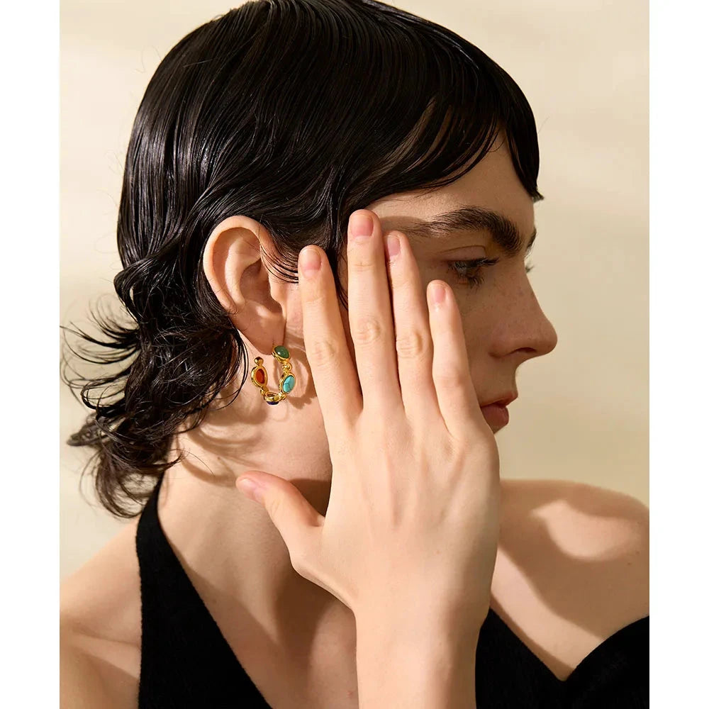 316l Stainless Steel Natural Stone Vintage Colorful Hoop Earrings PVD 18k Plated High Quality Fashion Jewelry for Women by PoisedMe