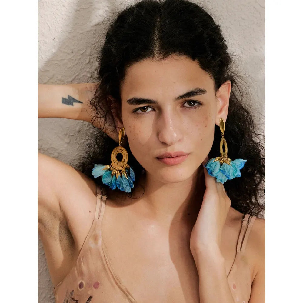 PoisedMe Spring Summer Fashion Bohemian Blue Cloth Flower Drop Earrings Exclusive Stainless Steel Handmade Fairy Jewelry -