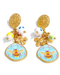Ceramic Flower Honeybee Drop 18K Gold PVD Plated Stainless Steel Earrings by Poised Me Jewelry Studio