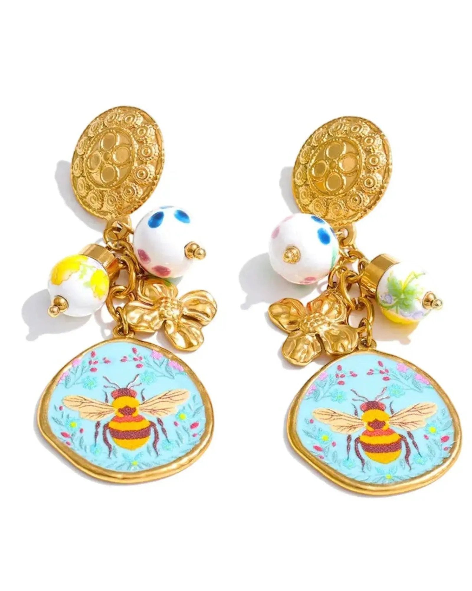 Ceramic Flower Honeybee Drop 18K Gold PVD Plated Stainless Steel Earrings by Poised Me Jewelry Studio