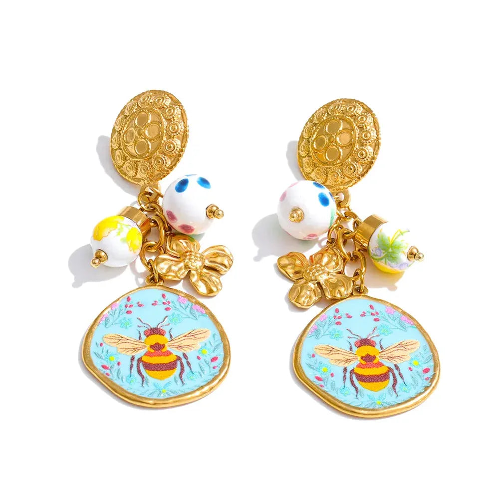 PoisedMe Stainless Steel Ceramic Flower Honeybee Drop Earrings Design Trending Charm Aesthetic Jewelry Gift -