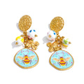 PoisedMe Stainless Steel Ceramic Flower Honeybee Drop Earrings Design Trending Charm Aesthetic Jewelry Gift -
