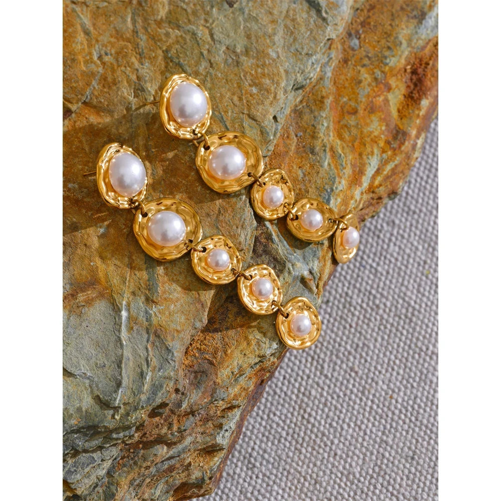 Stainless Steel Simulated Pearl Earrings Golden Long Drop Hypoallergenic by PoisedMe