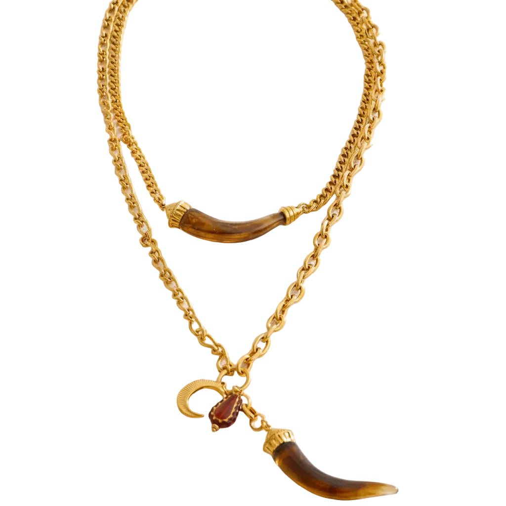 Stainless Steel Double-Layer Resin Horn Pendant Necklace 18K Golden PVD Plated Waterproof Charm Jewelry Gift by PoisedMe