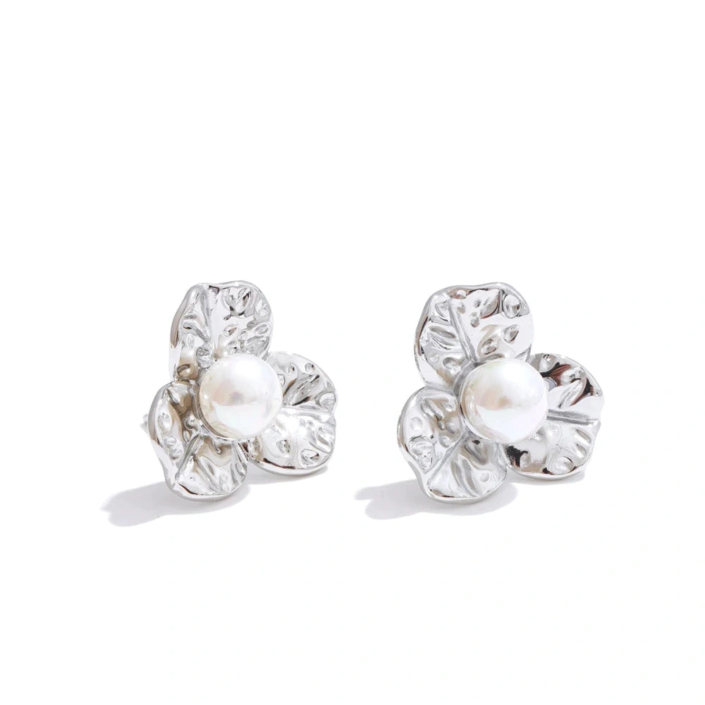 Pearl Metal Flower Small Stud Earrings for All Occasions Waterproof Stainless Steel Elegant Daily Jewelry Wholesale by PoisedMe