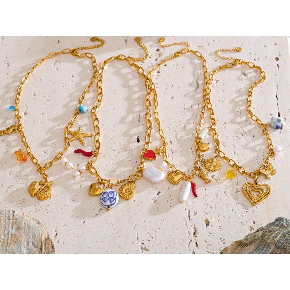 Ocean Style Stainless Steel Pearl Shell Starfish Flower Chilli Drop Charm Necklace Golden Plated Handmade Holiday Jewelry by PoisedMe