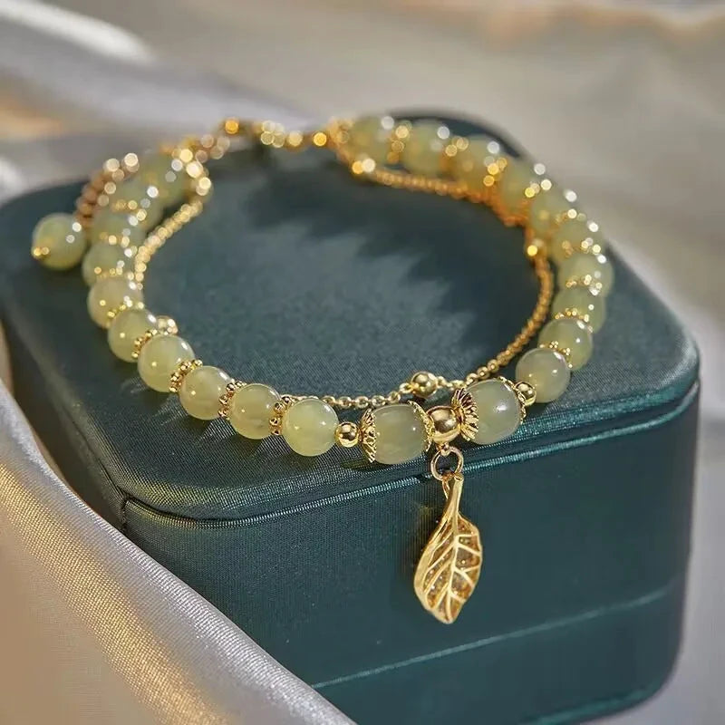 Chinese Style Green Jade Bracelet For Women Exquisite Gold Color Leaves Wrist Strap Bangle Double Chain Bracelet Girls Gifts by PoisedMe