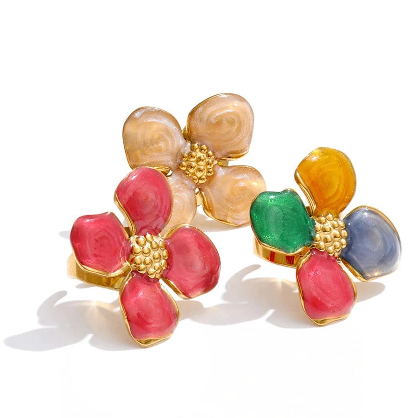 Colorful Metal Flower Petal Charm Open Adjustable Ring for Women Stainless Steel Trendy Cheap Finger Jewelry by PoisedMe