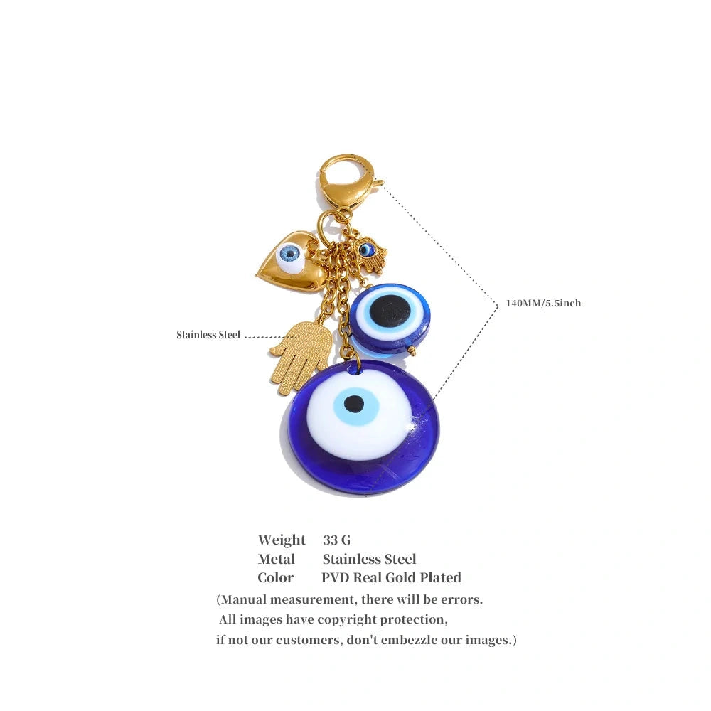 Stylish Unique Blue Resin Round Eye Palm Chain Pendant keychain 18K Golden Plated Stainless Steel Decoration Jewelry by PoisedMe