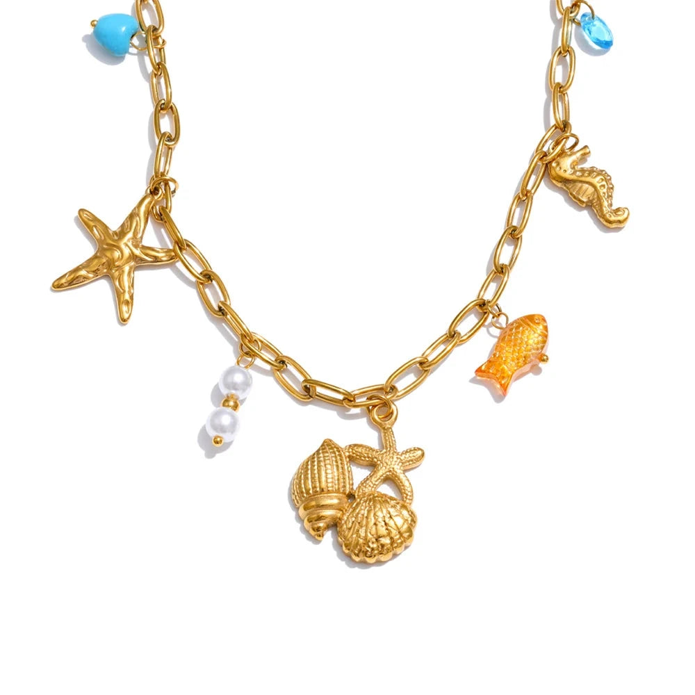 Ocean Style Stainless Steel Pearl Shell Starfish Flower Chilli Drop Charm Necklace Golden Plated Handmade Holiday Jewelry by PoisedMe