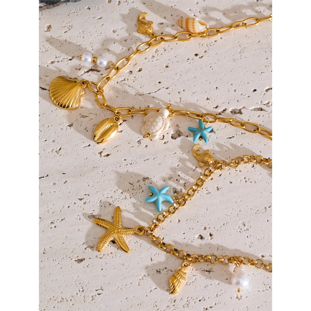Ocean Style Starfish Shell Pendant Handmade Necklace Bracelet Summer Vacation Stainless Steel Jewelry Waterproof by PoisedMe