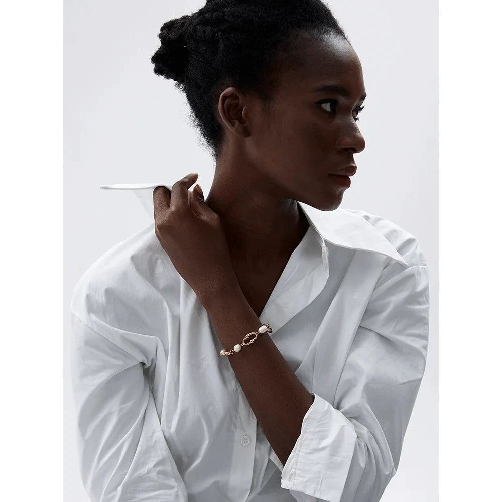 Freshwater Pearl & 18K Gold / Silver Chain Bracelet – Modern Sculptural Toggle Jewelry for Women by PoisedMe